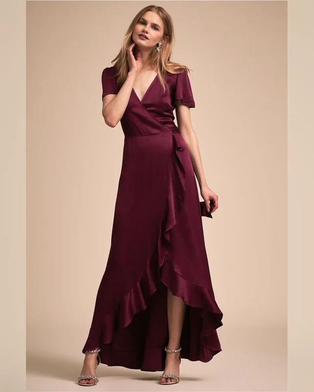 Burgundy Ruffled Wrap Dress — Bao An Tailor style