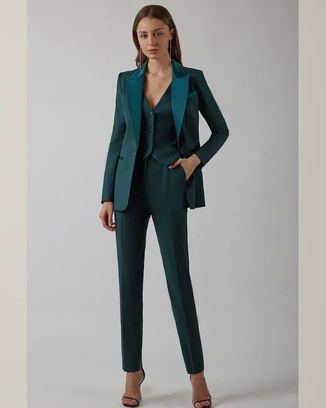 Deep Teal Three-Piece Women’s Suit — Bao An Tailor style