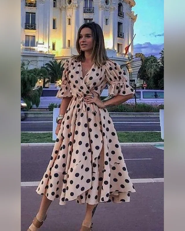 Ivory Polka-Dot Midi Dress — Bao An Tailor style