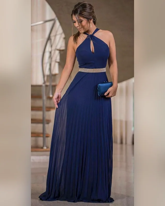 Navy Halter Pleated Maxi Dress — Bao An Tailor style