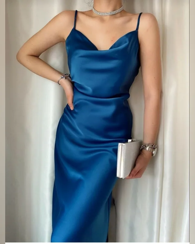 Sapphire Blue Cowl-Neck Midi Dress — Bao An Tailor style