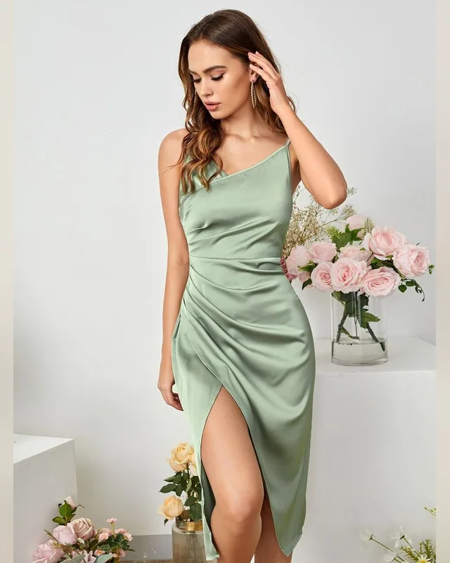 Sage Ruched Slit Midi Dress — Bao An Tailor style